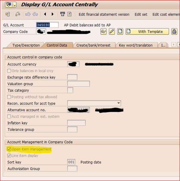 FS00 - Showing Open Item Management Check Bok Checked