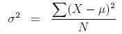Equation for variance equals the sum of X values minus the average of X values squared divided by the number of values N